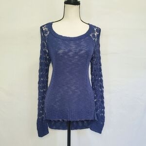 Xhilaration Blue Crochet Knit Lace Back Long Sleeve Top